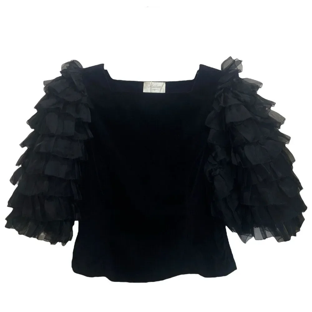 NWT Doen Heirloom Clarette Velvet Ruffle Top in Black Size XS - Picture 6 of 11